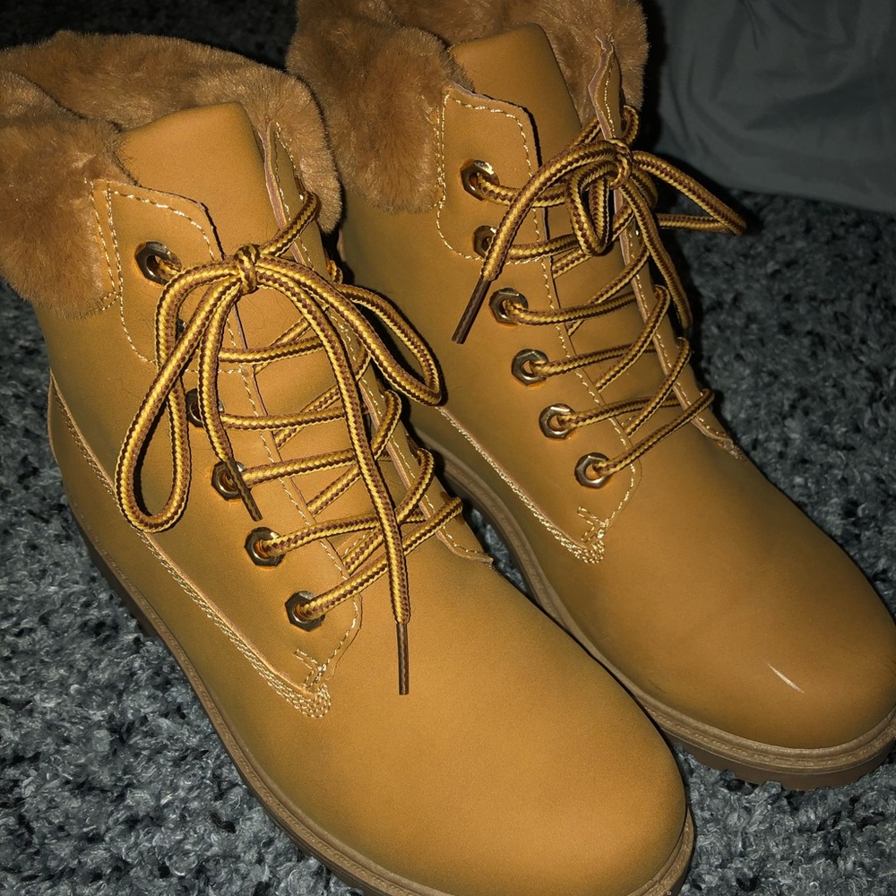 Furry tan ankle boots